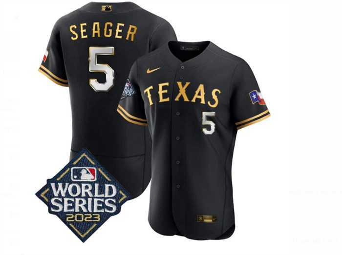 Mens Texas Rangers #5 Corey Seager Black Gold 2023 World Series Flex Base Stitched Baseball Jersey Dzhi